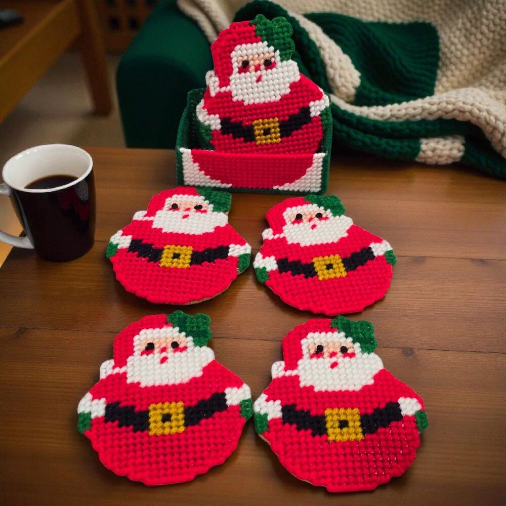 Set of 6 Vintage Handmade Plasticanvas Santa Claus Drink Coasters in‎ Holder